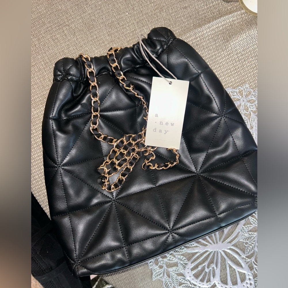 A New Day Black Quilted Drawstring Shoulder Bag with Chain-Accent Strap